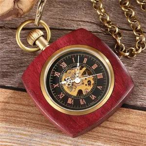 Without Cover Large Square Shape Red Sandalwood Zebra Wood Bass Two Tone Mechanical Pocket Watch