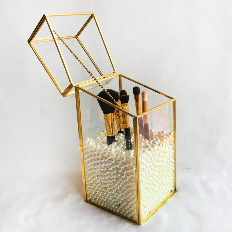 New Design Decorative Cylindrical Geometric Glass Flower Ring Box Pencil Silver Storage Jewelry Box、Gold Glass Box