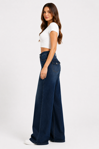 Jean en denim taille haute pour femme, coupe ample, jambe large, délavage foncé, longueur intégrale, style décontracté, en tissu de coton respirant - Product Image 2