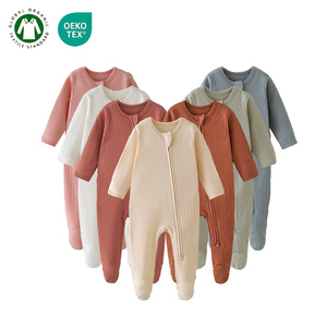 批发有机棉蜂巢提花拉链婴儿服装婴儿连体衣 - Product Image 1