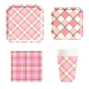 DAMAI Pink Diamond <b>Square</b> Party Tableware <b>Set</b> with Disposable Paper <b>Plates</b> Cups Napkin for Tea Party Supplies - Product Image 1