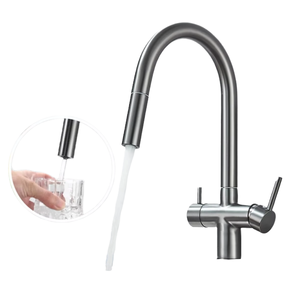 Grifo de Cocina Contemporáneo de Acero Inoxidable Color Gris Metálico, Diseño de Tirador Extraíble, Tres Vías, Doble Manija, Flexible - Product Image 4