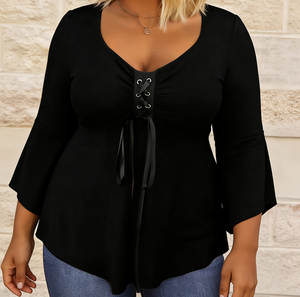 Chemisier noir décontracté grande taille à col en V et manches évasées trois-quarts, froncé à l'avant avec nœud, pour femme, printemps/automne/été - Product Image 1