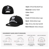 Gorra de Béisbol Personalizada con Bordado, 6 Paneles, Estructurada, de Sarga de Algodón, Negra, con Logotipo Bordado en 3D