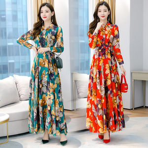 Lente Herfst Dames Jurk Met Lange Mouwen Grote Zoom A-Lijn Chiffon Overhemd Kraag Revers Knoop Dame Bloemen Casual Maxi Lange Jurk - Product Image 5