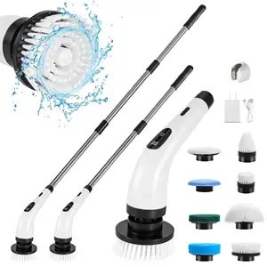 White Electric Spin Scrubber LED Display Extension Handle With 8 Replaceable Heads For Bathroom Kitchen Car Wall