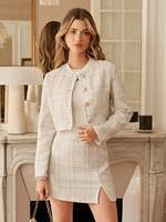 Ensemble jupe courte et veste en tweed à carreaux élégant pour femme, fabrication sur mesure, directement de l'usine, parfait pour un look décontracté d'automne