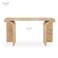 Table console moderne en pierre de travertin, table d'entrée de luxe en marbre, tables de couloir longues et étroites incurvées, meubles