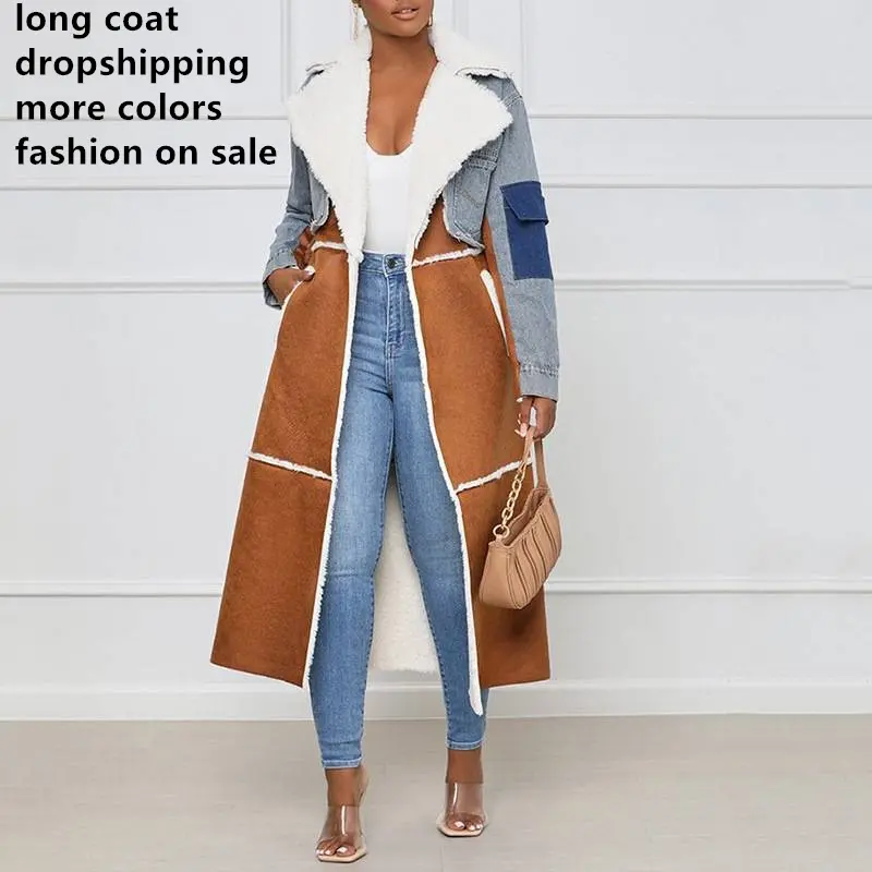 Yeni gelenler 2021 fabrika yüksek kalite moda jean uzun kürk ceket bayanlar kadın kış trençkot uzun ceket Faux kürk