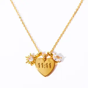 Yiwu Daisy Colar de aço inoxidável 11:11 em ouro 18K com zircônia, número de anjo e coração, presente espiritual para ela, oferta imperdível