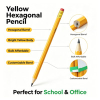 Crayons hexagonaux jaunes en bois HB, pointe en caoutchouc, logo personnalisé, vente en gros d'usine, prix bas en vrac pour fournitures scolaires et de bureau