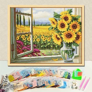 Kit de Peinture Diamant Champ de Tournesols avec Cadre, Ensemble d'Artisanat Artistique en Cristal 5D DIY, Motif Paysage Floral Rectangulaire - Product Image 1
