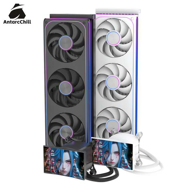 AntarcChill All in One Water Cooling System 360 Radiator Detachable Cooler Head Custom Animation Display for Gaming Tower Build
