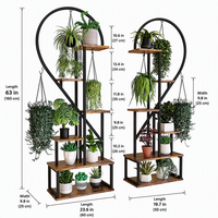 Support à plantes en métal en forme de cœur avec roulettes, étagère à fleurs à 5 niveaux, étagère à plantes mobile pour jardin avec crochets de suspension pour intérieur et extérieur