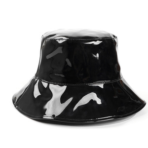 Black PU Bucket <b>Hat</b> Women Winter Casual Wide Brim <b>Flat</b> Top Fashion <b>Hat</b> - Product Image 1