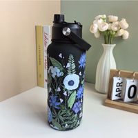 Bouteille isotherme sport en acier inoxydable 1L (34oz) à motifs imprimés, avec couvercle hybride 2-en-1 (paille et bec verseur) et anse de transport