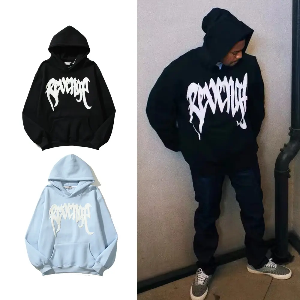 Chất lượng cao cổ điển bông Hoodies biểu tượng tùy chỉnh in hip hop độn dập nổi trùm đầu áo