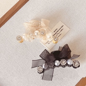 Pinces à cheveux nœud papillon français avec strass et perles, pince à cheveux simple en plastique maillé pour fête et mariage - Product Image 4