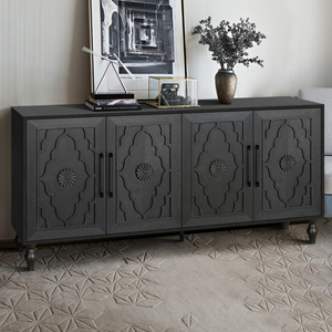 Carved Flower Door Large Storage Cabinet With Metal Handle For Living Room <b>Kitchen</b> Entryway <b>Black</b> - Product Image 2