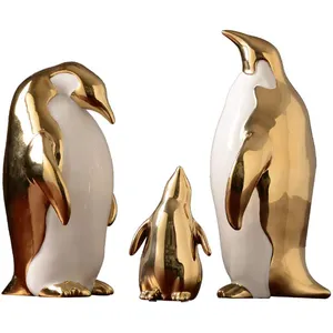 圣诞陶瓷工艺品雕塑企鹅动物桌面装饰镀金企鹅小雕像家居装饰品