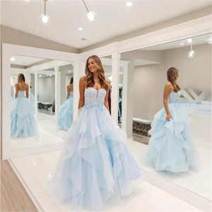 Light Blue Ball Gown Evening Dress Sweetheart Neckline Empire Waist Floral Print Straps Women's Formal Dress - Product Image 2