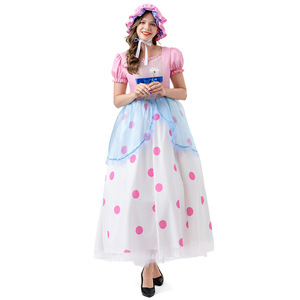 Disfraz de Pastora para Mujer al por Mayor, Vestido Maxi Rosa Pastel con Puntos Azules, Manga Abullonada, Gorro, Disfraz de Princesa para Juego de Rol - Product Image 2