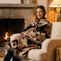 Plaid Jacquard Géométrique Tribal à Franges et Pompons pour Canapé et Lit, Motif Aztèque, Décoration Rustique Bohème pour Cabane et Maison, Couverture Tapisserie