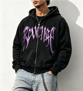 Sweat à capuche zippé noir <span class=keywords><strong>d</strong></span>élavé style vintage, imprimé Purple Revenge gothique, streetwear oversize Y2K pour hommes et femmes - Product Image 3