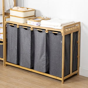 Étagère à linge coulissante à quatre compartiments, grise, rectangulaire, sur pied, organisateur de vêtements pour salle de bain - Product Image 3