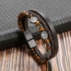 Bracelet en cuir tressé multicouche pour homme, charme Arbre <span class=keywords><strong>de</strong></span> Vie, perles en œil <span class=keywords><strong>de</strong></span> tigre naturel, fermoir magnétique en alliage, bijoux décontractés - Product Image 3