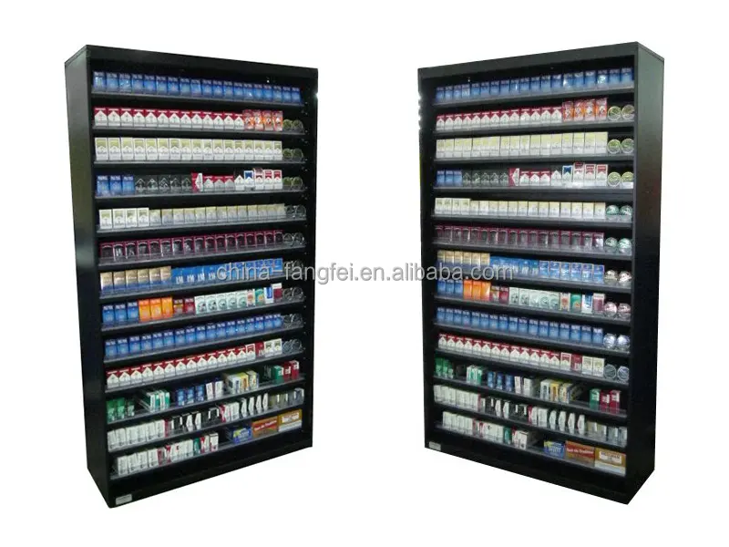 Cigarette Display Stand store Customized Metallic pusher shop shelf counter furniture cases with led light rack tobacco cabinet