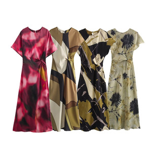 Abito Midi autunnale 2025 da <span class=keywords><strong>donna</strong></span> con Texture <span class=keywords><strong>in</strong></span> raso abito da <span class=keywords><strong>donna</strong></span> a pieghe con stampa floreale - Product Image 6