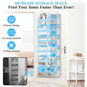 Over The Door Organizer 6 Tiers 12 Compartments Blue Hanging Storage For Clothes <b>Shoes</b> Behind Door Wall Mount <b>Hook</b> Type - Product Image 2