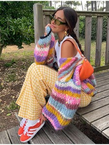 Otoño moda Casual Streetwear Rosa rayas manga larga linterna suelta Mohair Crochet cárdigan corto suéter de mujer - Product Image 5