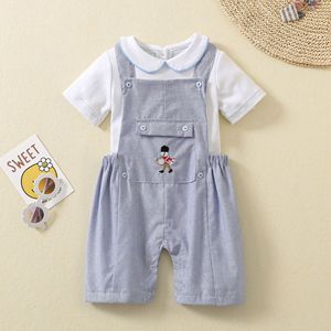 Ensemble de vêtements pour garçons : T-shirt personnalisé en coton blanc à <span class=keywords><strong>col</strong></span> Peter Pan et salopette courte à rayures bleu clair avec broderie de tambourin - Product Image 2