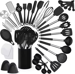 Heat Resistant Black <b>Kitchen</b> <b>Gadgets</b> <b>Tools</b> Stainless Steel Handle Silicone <b>Kitchen</b> Cooking Utensils Set with Holder - Product Image 1