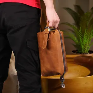 DUJIANG tas tangan kasual pria, penyusun perjalanan kulit gaya Vintage dengan lapisan katun untuk kosmetik