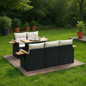 Modular <b>Black</b> Poly Rattan Garden <b>Sofa</b> Set With Teak Wood <b>Table</b> Outdoor Furniture For Garden Seating 6 Person Contemporary Design - Product Image 2