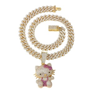 European American Trendy Cool Cute Cat Anhänger Halskette mit Full Diamond Modische kubanische Kette & Hello Kitty Hip-Hop-Stil - Product Image 6