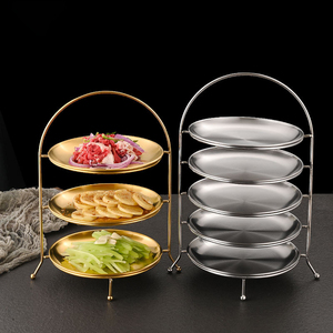 Estante de Almacenamiento Creativo Coreano de Acero Inoxidable de Tres y Cinco Niveles, Plato Metálico para Postres, Pasteles y Frutas, Plato para Barbacoa de Restaurante - Product Image 1