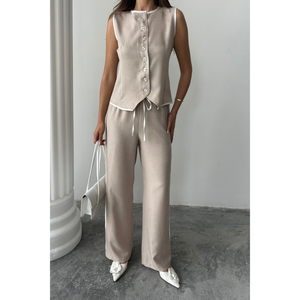 Conjunto de chaleco y pantalón de lino con bordes ribeteados en color beige, conjunto de traje para mujer, talla S - Product Image 3