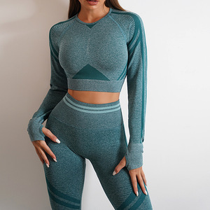 Gran oferta, ropa deportiva de punto sin costuras, Camiseta deportiva, pantalones cortos de motorista, conjuntos de mallas para glúteos, conjunto de Yoga de manga larga para mujer - Product Image 2
