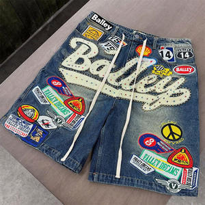 Shorts in <span class=keywords><strong>Jeans</strong></span> da <span class=keywords><strong>uomo</strong></span> con maglia strappata a gamba dritta con ricamo 3D personalizzato <span class=keywords><strong>pantaloncini</strong></span> in Denim con lavaggio scuro a vita media - Product Image 2