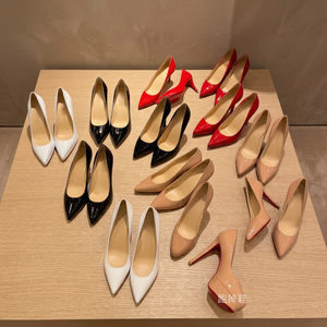 2026 Fashion <b>Hot</b> Selling Nude High Heels Sexy Temperament <b>Red</b> Sole Pointed Shallow Mouth Lacquer Leather Cork Outsole Shoes - Product Image 3