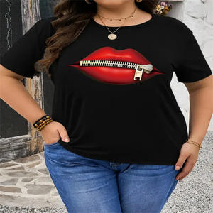 Camiseta con estampado de labios y cremallera, camiseta de manga corta con cuello redondo, camisetas informales para todos los días, ropa de mujer - Product Image 1
