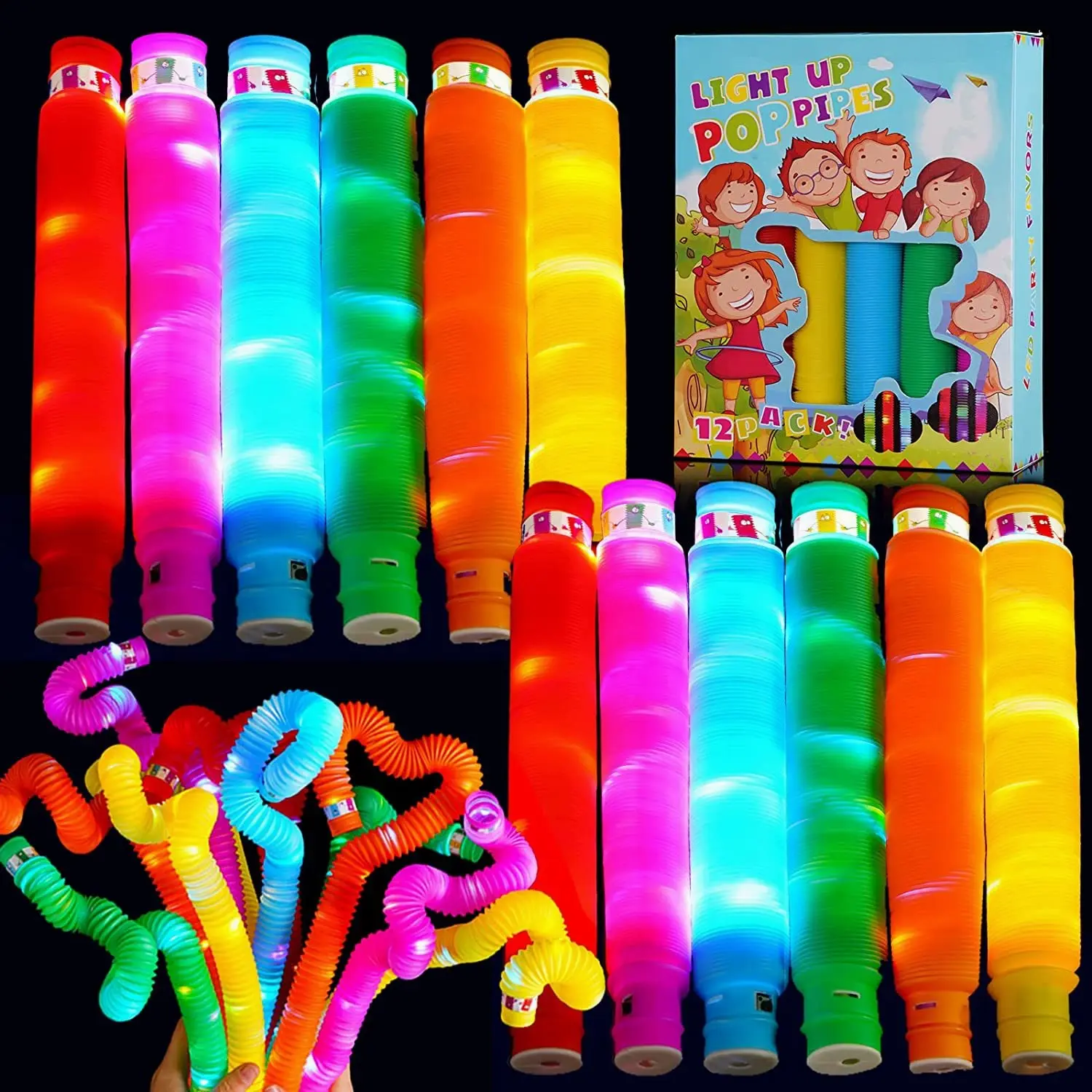 Poptubes, tubi bambini sensoriali Fidget giocattolo Set per Stress e sollievo dall'ansia con Led