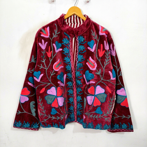 Velvet Embroidered Floral Jacket <b>Women's</b> Mandarin Collar Prairie Chic Autumn <b>Coat</b> Handmade Full Sleeve Regular Length - Product Image 1