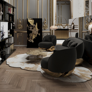 Fauteuil moderne d'inspiration portugaise à base incurvée, en laiton martelé poli, revêtement en polyester noir, canapé-fauteuil - Product Image 1