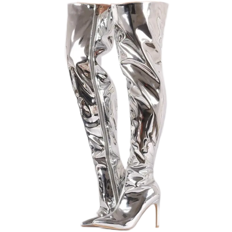 Dropshipping Custom Logo 2022 Silver Gold Metallic Long Boot Shoes Women High Heels Knee High Boots
