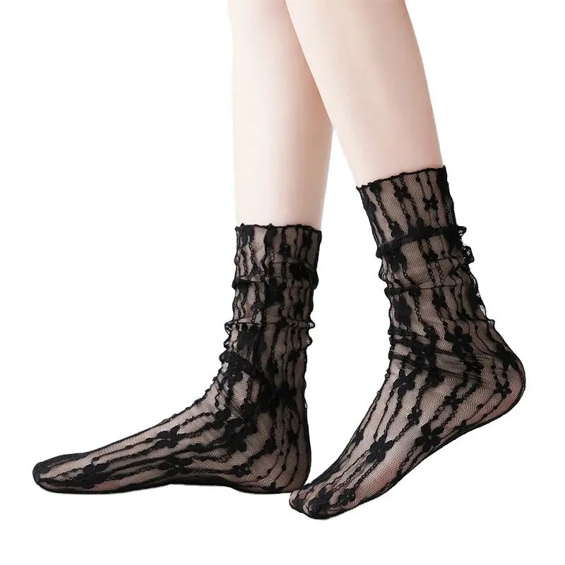 2023 Slouch Socks Women Summer Wear Retro Court Style Flower Design Hollow-out Lace Mesh Socks Fashion Girl